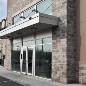 Entrance of Grand Lofts Condominium building in Galt, Cambridge, Ontario